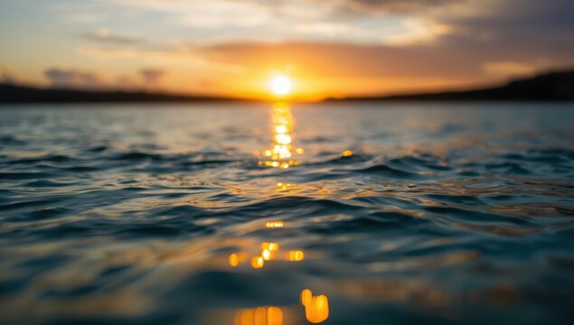 Tranquil ocean waves catch the last golden rays of the setting sun reflecting a peaceful serene natural beauty on the vast water