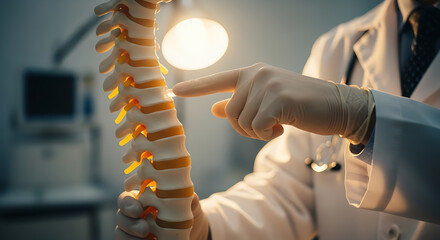 Doctor wearing gloves pointing at spinal model in a medical office, explaining the spine anatomy.