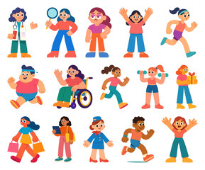 Naklejka premium PNG Diverse cartoon characters exercising joyfully, element set on transparent background