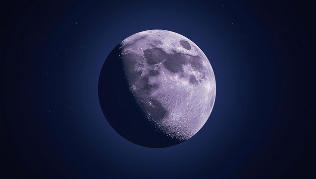 A high-resolution, detailed photograph of the waxing gibbous moon, showing its craters and surface texture, suspended in a dark blue, star-filled night sky.
