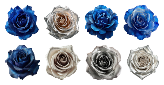 PNG Elegant blue silver rose collection, element set on transparent background