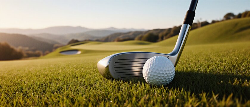 golf club resting on vibrant green fairway with sunny sky backdrop | sport, leisure, nature, outdoors, hobby theme