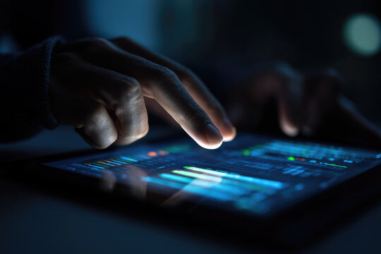 Close up of hand touching digital tablet screen displaying glowing data chart, technology interface, business analysis, and innovation in dark environment