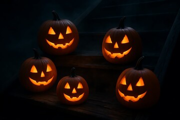 Halloween Pumpkins on Wood Stairs-9