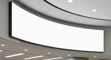 A large, curved, blank display screen mounted on a modern ceiling, ready for content.
