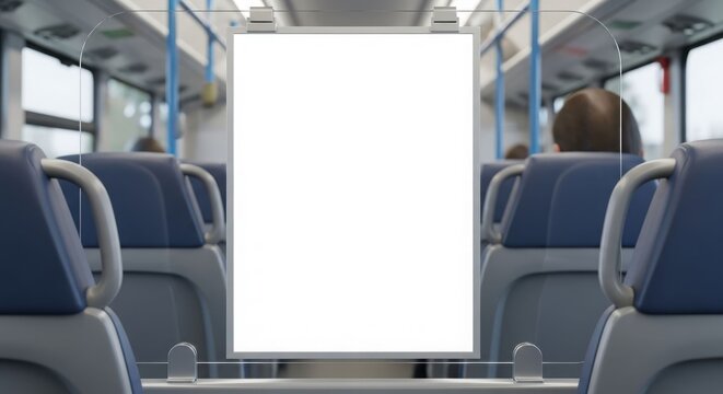 Interior view of a public bus with a blank advertising display, showcasing seating.
