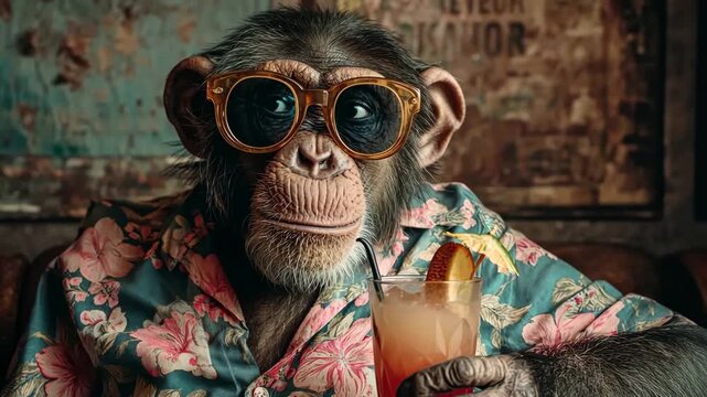 Generative AI. Monkey wearing stylish sunglasses and a colorful floral shirt, holding a tropical cocktail with a slice of fruit, exuding a fun and relaxed atmosphere in a vibrant setting
