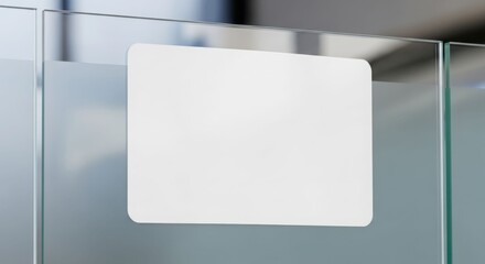 A blank white rectangular sign is affixed to a frosted glass surface, with clear glass panels visible on either side.