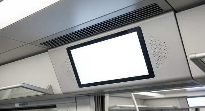 A blank digital screen is mounted on the ceiling of a train car, ready for advertisement or information display.