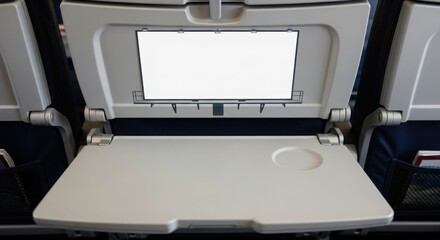 Interior view of an airplane seat with a tray table and screen, ready for a flight.