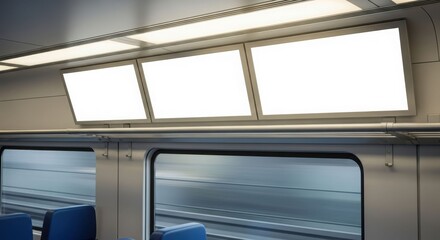 Interior view of a train car with three blank advertising screens above the seats, showcasing a blurred background from the moving train.