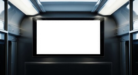 Blank white screen on a dark blue wall inside a train car, illuminated by overhead lights, providing space for advertising or information.