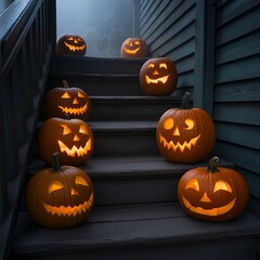 Halloween Pumpkins on Wood Stairs-11
