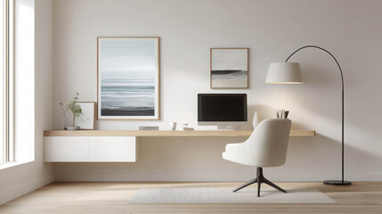 Modern Home Office with Wall-Mounted Desk, Soft Neutral Tones and Stylish Decor for a Productive Workspace
