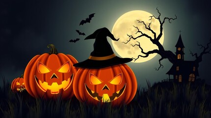 Spooky halloween scene with carved pumpkins and a haunted house under a full moon