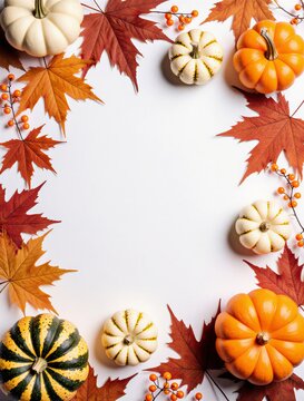 autumnal pumpkins surrounded by vibrant fall foliage on a clean white surface | harvest, autumn, thanksgiving, seasonal, decor theme