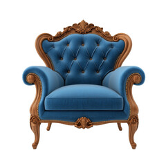 Fototapeta premium Vintage luxury armchair with ornate wood frame, blue velvet upholstery, tufted backrest, elegant and classic style, isolated on black