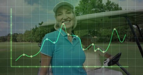 Standing golfer in polo shirt smiling beside golf cart on fairway, with line graph overlay