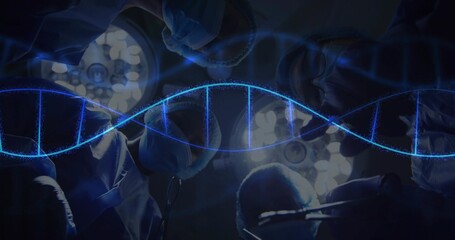 Operating medical team performing surgery over operating table, with instruments and helix overlay © vectorfusionart