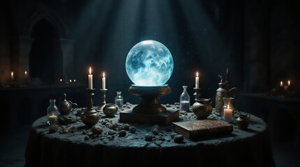 mystical glowing orb resting on ancient stone altar in gothic church setting | fantasy, occult, gothic, spiritual, halloween theme