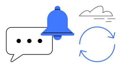 Bell for notifications, speech bubble for communication, refresh arrows for updates, and cloud for digital connection. Ideal for alert management, messaging, updates, reminder, cloud technology