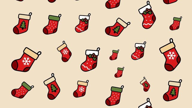 Cute red Christmas socks seamless pattern with snowflake and pine tree decorations on light cream festive background