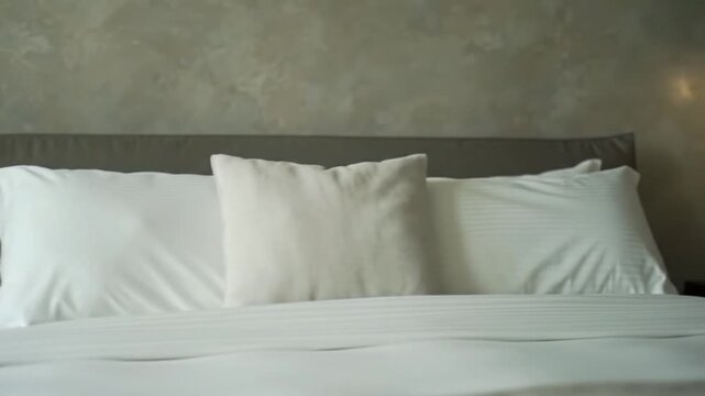 Nightstand with lamp books and bowl next to bed in neutral room