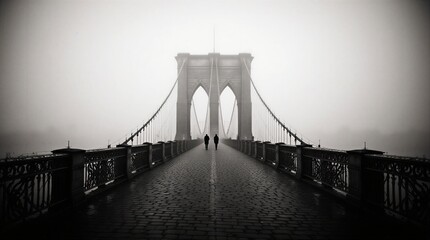 misty cityscape view along ornate bridge with pedestrian walkway | travel, cityscape, architecture, landscape, urban theme