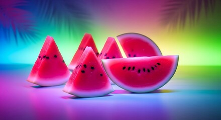 Slices of watermelon on a colorful background with palm shadows