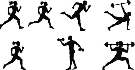 Silhouette athletes running, lifting weights, and exercising with dumbbells, representing strength, endurance, motivation, training, sports, gym, and healthy fitness lifestyle.