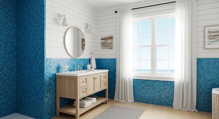 Coastal themed bathroom with blue tiles and white wood paneling