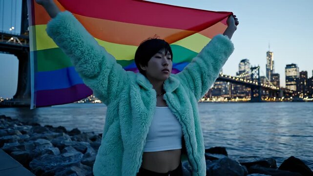 Person holding the rainbow flag with the Manhattan Bridge in the background.. A proud demonstration of rights and freedom.. Pride month, social issue, inclusivity.