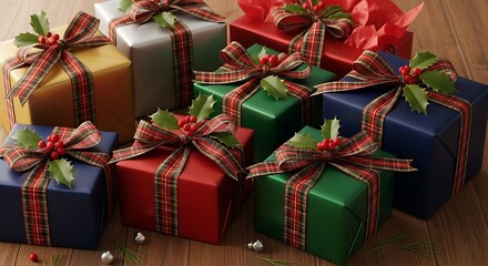 Festive christmas presents with plaid ribbons and holly sprigs