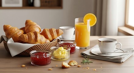 Still life of breakfast with croissants juice and coffee on table