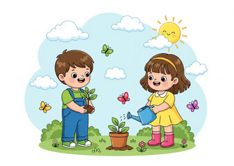 Cute Kids Planting and Watering Young Tree Cartoon Illustration