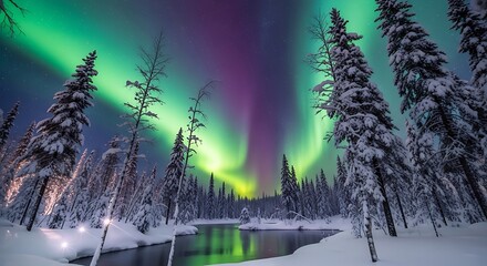 Aurora borealis over snowy forest and river in winter night sky