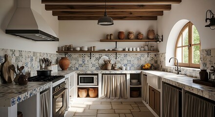 A bright kitchen with patterned tiles and wooden beam ceiling
