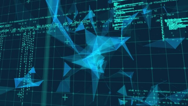 Triggered by rising code streams, cyan polygon mesh drifting and fragmenting visualizing data flow