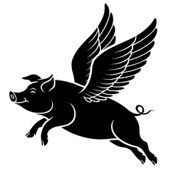 Black silhouette of a flying pig with wings