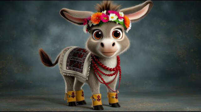 a cute cartoon donkey character adorned with flowers and accessories