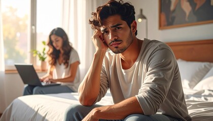 Realistic lifestyle photo of a young man deep in thought in a bright modern bedroom, symbolizing emotional distance, mental stress, or relationship challenges. Perfect for illustrating concepts.