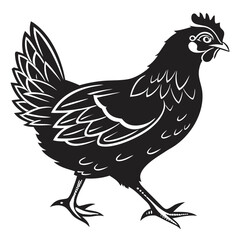 Black silhouette of a walking chicken with detailed feathers
