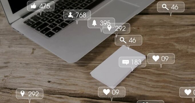 icons materializing at sec two, rising, falling around laptop and device showing engagement shifts