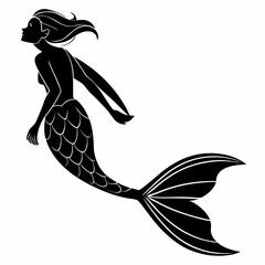 Elegant black silhouette of a mermaid swimming gracefully