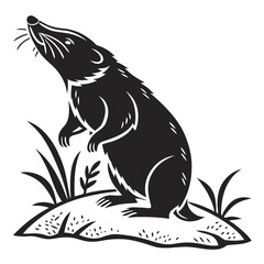 Stylized black and white illustration of a mole standing upright in grass
