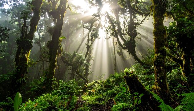Sunlight streams through lush, mossy rainforest