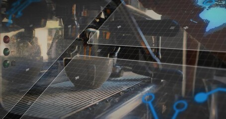 Espresso machine starting extraction pouring espresso into cup while digital grid and map animating - Powered by Adobe