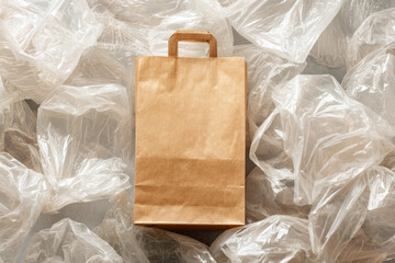 Paper bag recycling eco friendly brown packaging plastic waste environment sustainability upright concept surrounded disposable single use contrast clean background material reduce reuse