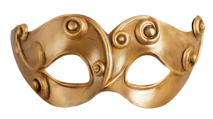 Ornate gold-colored mask with intricate symmetrical patterns and circular motifs on transparent background