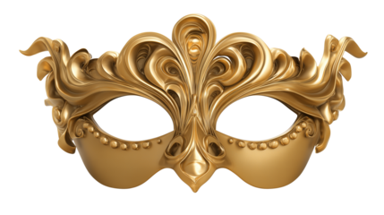 Ornate gold mask with intricate floral motifs on transparent background